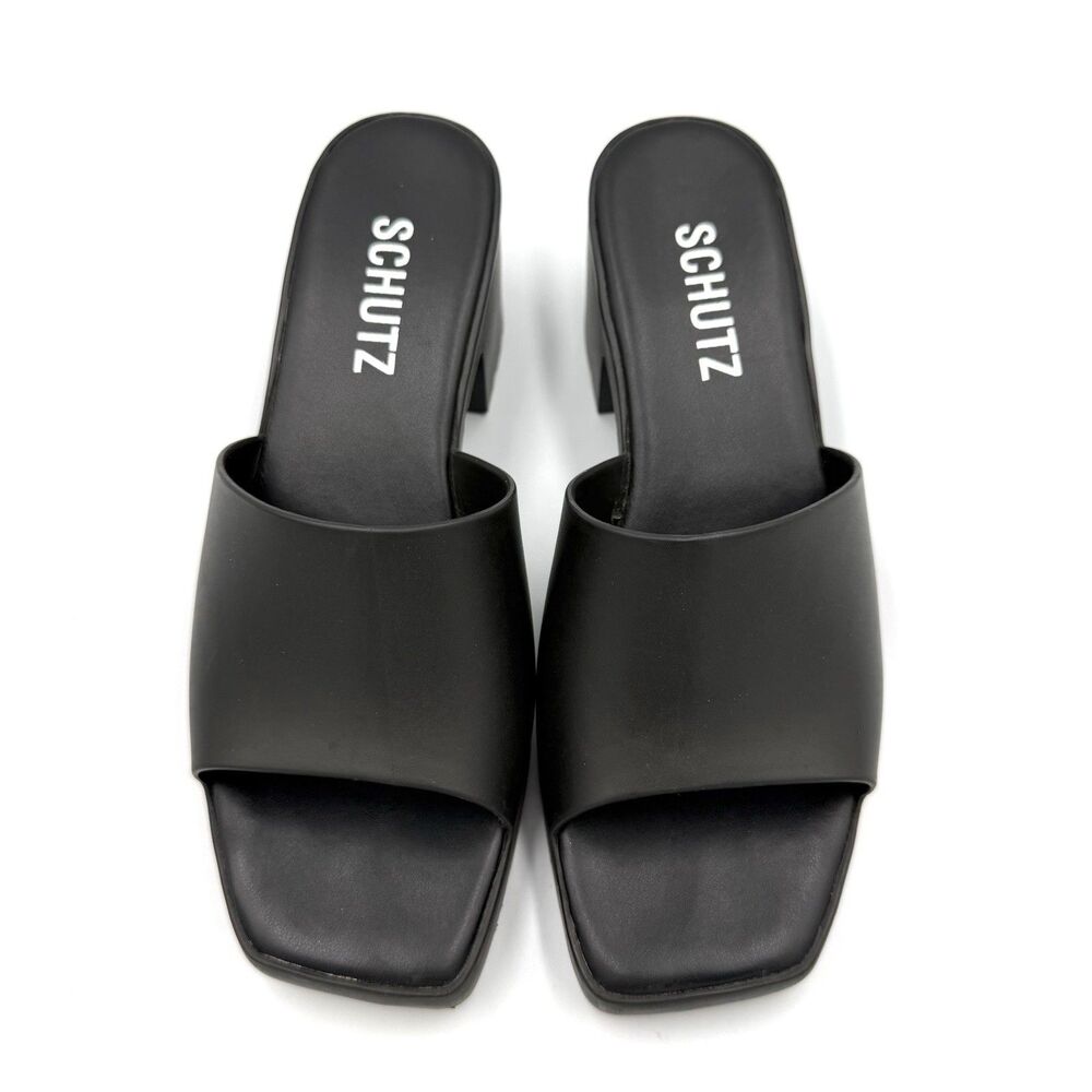 Schutz Mizzy Platform Sandals Women’s US 6 Black Square Toe Slide Block Heel - Picture 2 of 7